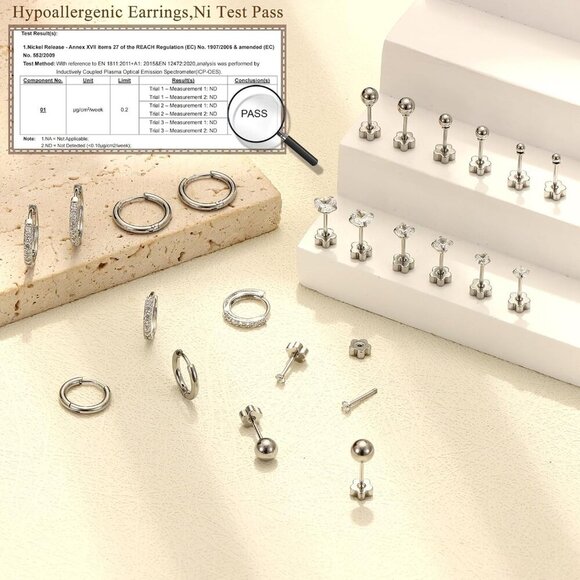 Hypoallergenic Surgical Steel Earrings Set, Tiny CZ Flat Back for Sensitive Ears - Picture 5 of 6